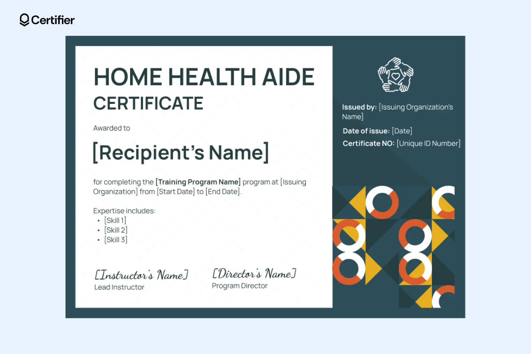 A green caregiver certificate sample with geometric patterns, recipient’s name, issuer’s info, signatures, and more. A green caregiver certificate sample with geometric patterns, recipient’s name, issuer’s info, signatures, and more.