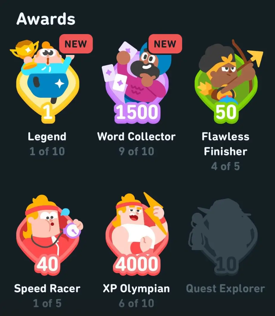 Duolingo’s virtual merit badges for language learning achievements and progress milestones. Duolingo’s virtual merit badges for language learning achievements and progress milestones.