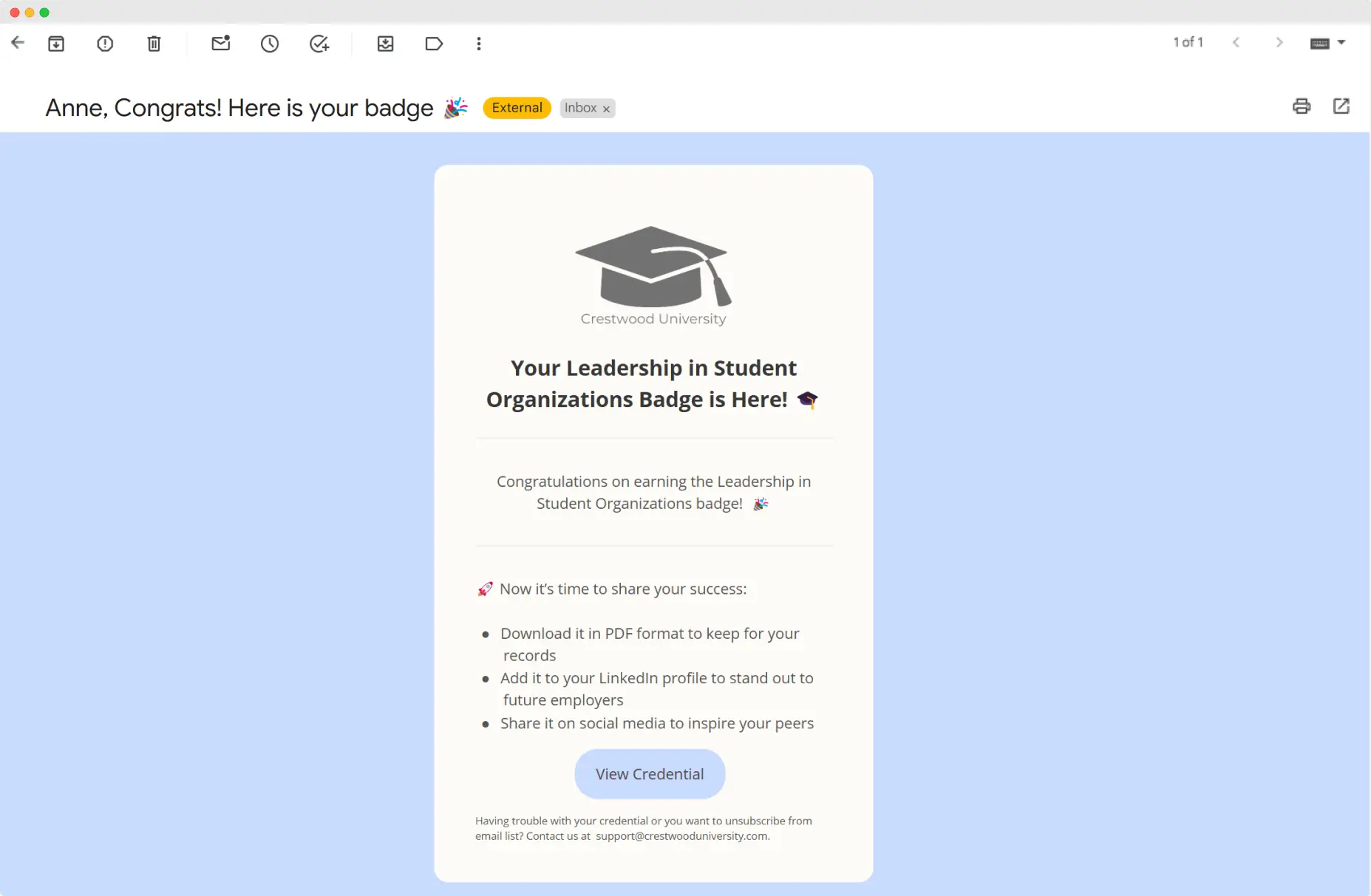 A Linkedin virtual badge confirmation email, encouraging recipients to showcase their achievements on social media platforms. A Linkedin virtual badge confirmation email, encouraging recipients to showcase their achievements on social media platforms.