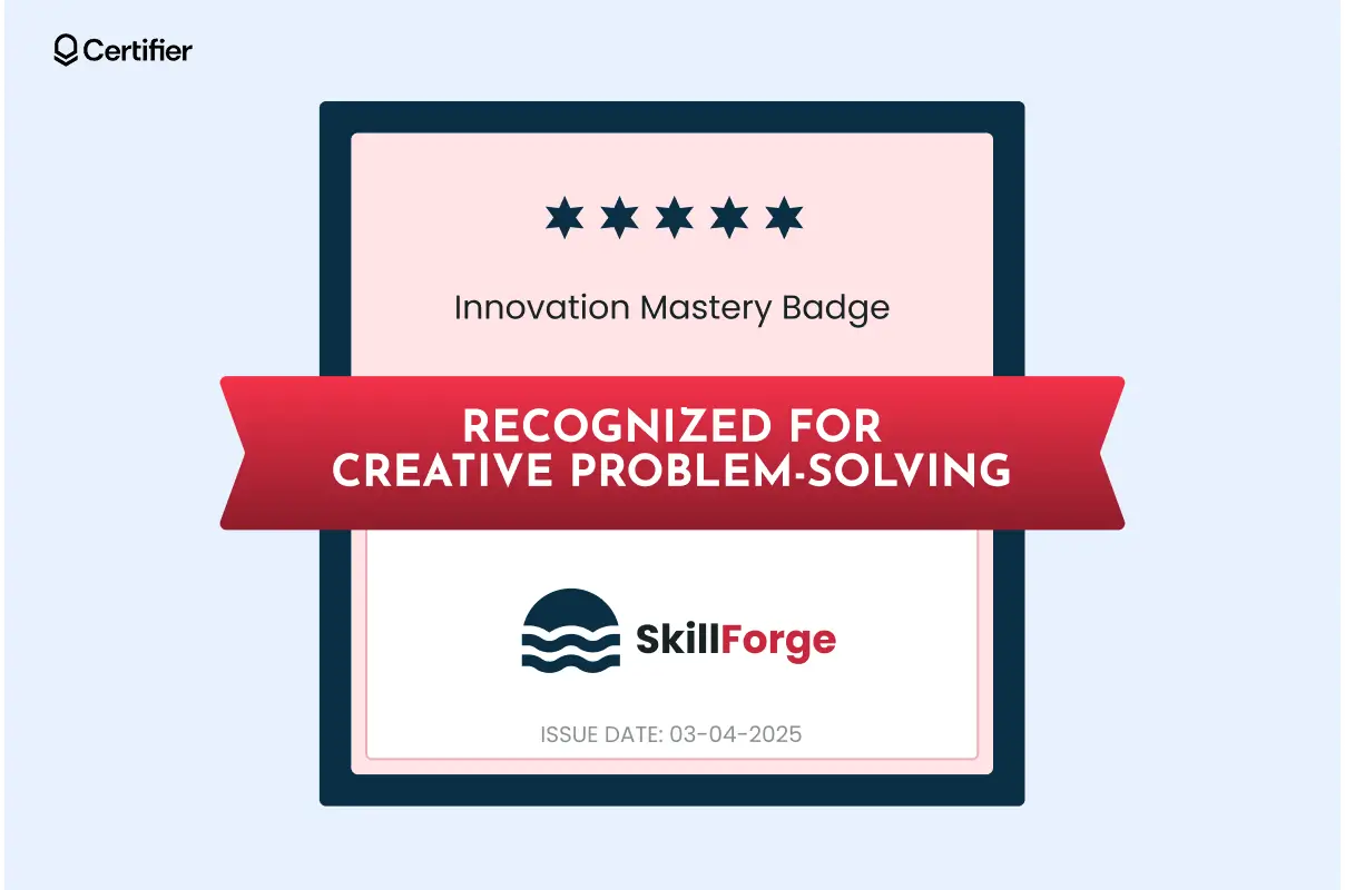 A professional virtual merit badge made using Certifier, virtual badge app, awarded for problem-solving excellence. A professional virtual merit badge made using Certifier, virtual badge app, awarded for problem-solving excellence.