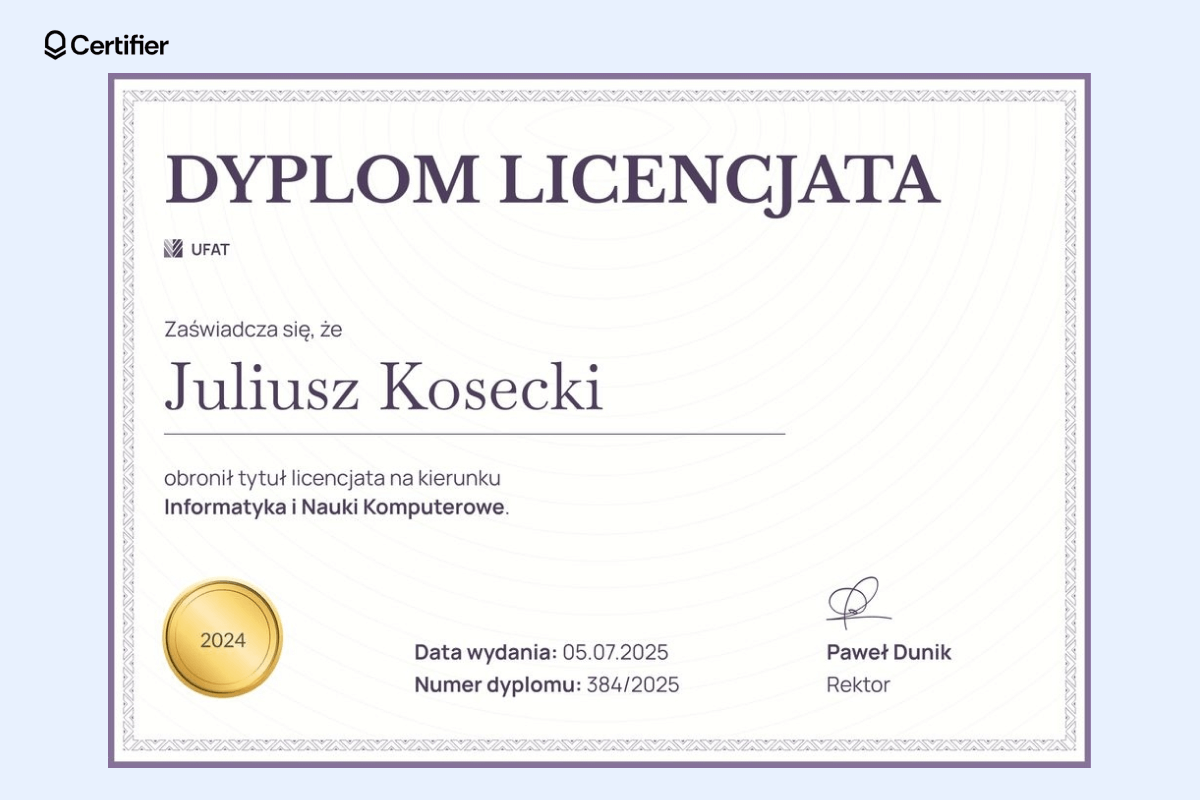 Minimalistyczny dyplom w Wordzie z fioletową ramką i nowoczesnym układem; świetny jako dyplom wzór do pobrania Word dla uczelni i studentów. Minimalistyczny dyplom w Wordzie z fioletową ramką i nowoczesnym układem; świetny jako dyplom wzór do pobrania Word dla uczelni i studentów.