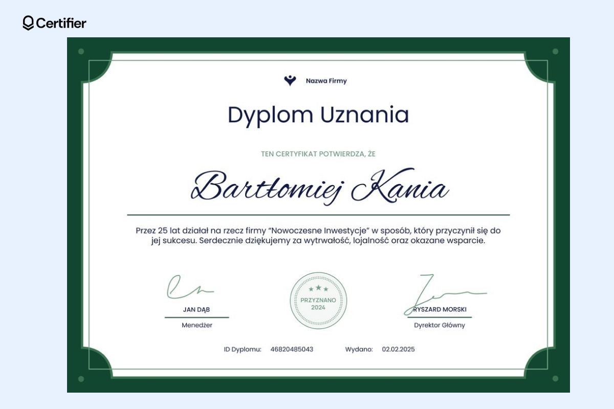 Elegancki, zielony dyplom wzór do pobrania Word, przeznaczony dla pracowników i współpracowników. Elegancki, zielony dyplom wzór do pobrania Word, przeznaczony dla pracowników i współpracowników.