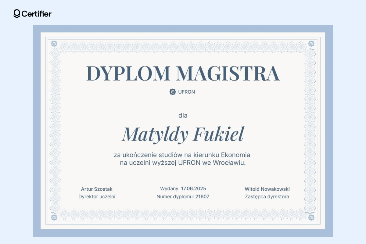Elegancki dyplom wzór Word z delikatną, niebieską ramką i miejscem na imię absolwenta oraz podpisy; idealny dla uczelni, które potrzebują darmowe dyplomy do edycji Word. Elegancki dyplom wzór Word z delikatną, niebieską ramką i miejscem na imię absolwenta oraz podpisy; idealny dla uczelni, które potrzebują darmowe dyplomy do edycji Word.