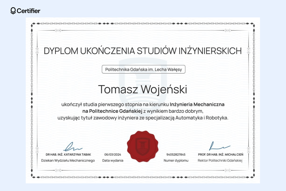 Profesjonalny szablon dyplomu Word, z ozdobną obramówką i sekcjami na dane absolwenta. Profesjonalny szablon dyplomu Word, z ozdobną obramówką i sekcjami na dane absolwenta.