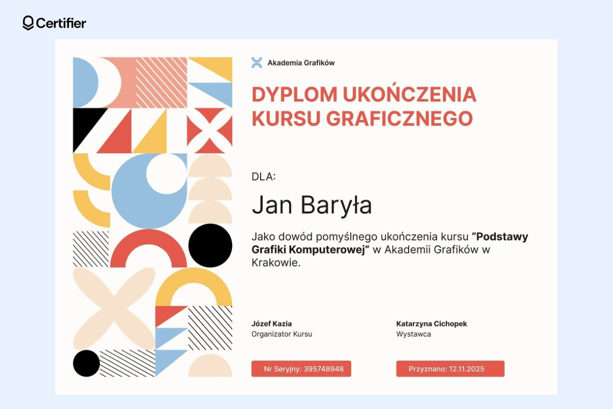 Kolorowy, dynamiczny dyplom Word, z miejscem na imię uczestnika i podpisy organizatorów; świetny przykład dyplomy do edycji Word dla branży kreatywnej. Kolorowy, dynamiczny dyplom Word, z miejscem na imię uczestnika i podpisy organizatorów; świetny przykład dyplomy do edycji Word dla branży kreatywnej.