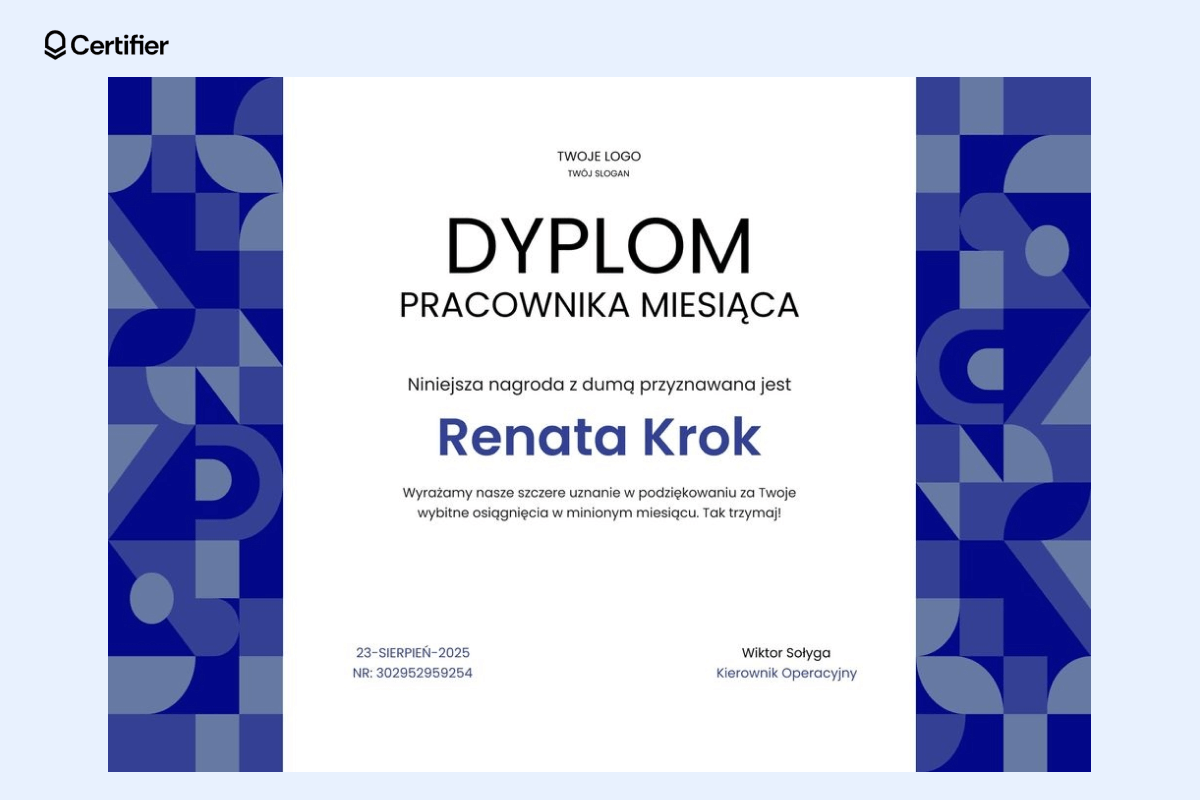 Nowoczesny, geometryczny dyplom szablon Word w odcieniach niebieskiego i bieli; można go wykorzystać jako szablony dyplomów dyplom wzór do pobrania Word w firmach i organizacjach. Nowoczesny, geometryczny dyplom szablon Word w odcieniach niebieskiego i bieli; można go wykorzystać jako szablony dyplomów dyplom wzór do pobrania Word w firmach i organizacjach.