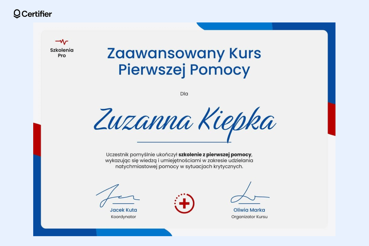 Czytelny, profesjonalny dyplom szablon Word, z niebiesko-czerwonym układem i miejscem na podpisy; doskonały jako wzór dyplomu Word dla szkoleń medycznych. Czytelny, profesjonalny dyplom szablon Word, z niebiesko-czerwonym układem i miejscem na podpisy; doskonały jako wzór dyplomu Word dla szkoleń medycznych.