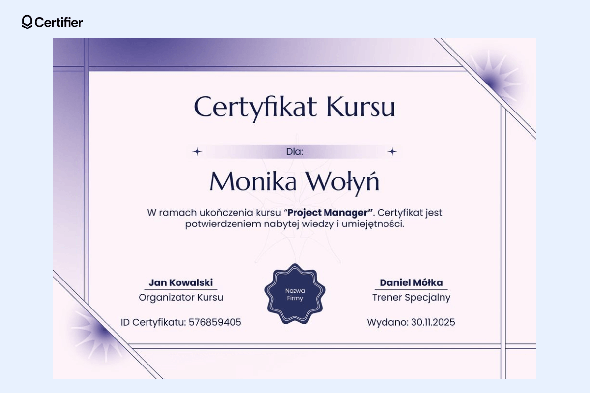 Elegancki, fioletowy certyfikat wzór Word, idealny dla branży biznesowej; można go pobrać jako jeden z wzorów dyplomów do pobrania Word. Elegancki, fioletowy certyfikat wzór Word, idealny dla branży biznesowej; można go pobrać jako jeden z wzorów dyplomów do pobrania Word.