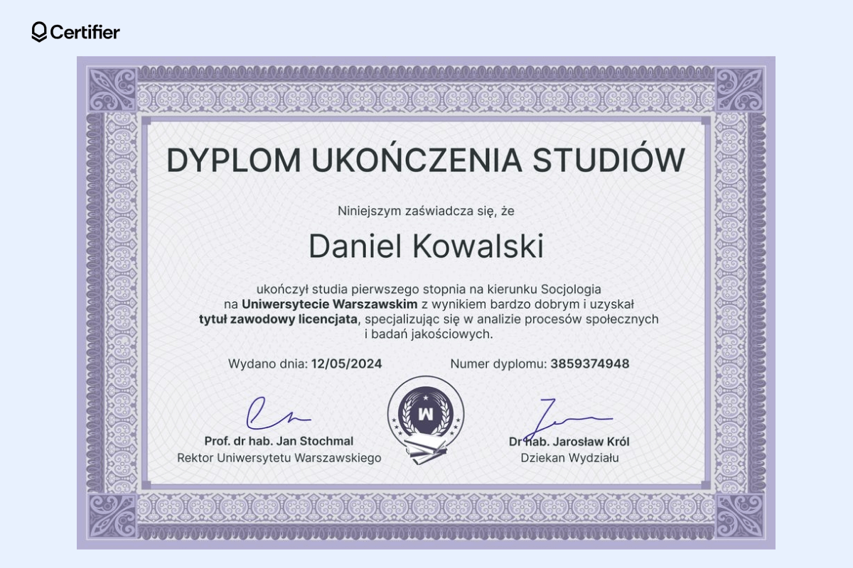 Elegancki wzór dyplomu Word w odcieniach fioletu, z ozdobnymi elementami i miejscem na numer dyplomu; jeden z wielu wzorów dyplomów do pobrania Word dla uczelni i instytucji edukacyjnych. Elegancki wzór dyplomu Word w odcieniach fioletu, z ozdobnymi elementami i miejscem na numer dyplomu; jeden z wielu wzorów dyplomów do pobrania Word dla uczelni i instytucji edukacyjnych.