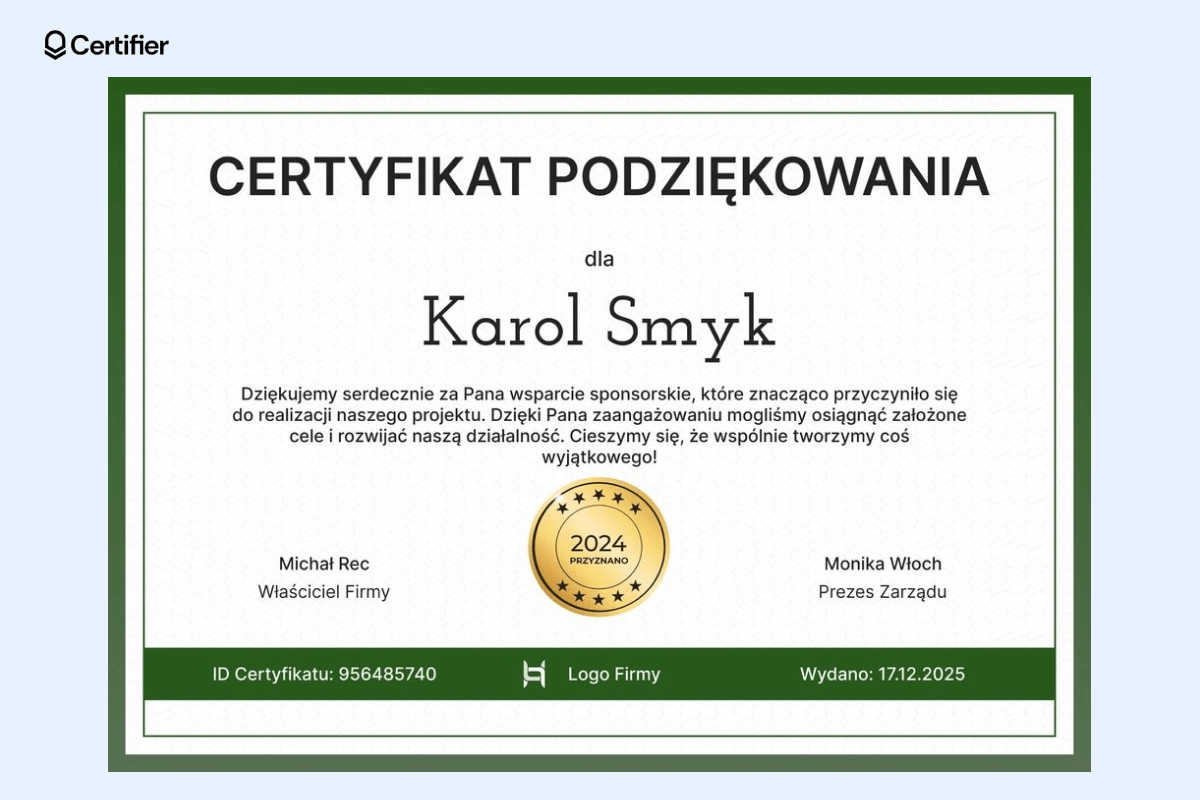 Nowoczesny, zielony dyplom Word z miejscem na imię i nazwisko, logo firmy oraz podpisy organizatorów; świetny jako dyplom szablon Word do edytowania. Nowoczesny, zielony dyplom Word z miejscem na imię i nazwisko, logo firmy oraz podpisy organizatorów; świetny jako dyplom szablon Word do edytowania.