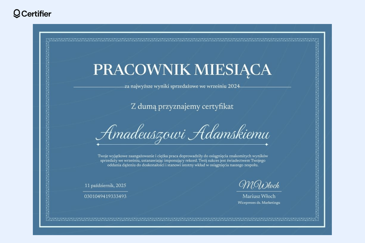 Klasyczny dyplom wzór Word z elegancką granatową ramką i dekoracyjną czcionką; idealny dla firm poszukujących szablon dyplomu Word do wyróżnienia pracowników. Klasyczny dyplom wzór Word z elegancką granatową ramką i dekoracyjną czcionką; idealny dla firm poszukujących szablon dyplomu Word do wyróżnienia pracowników.