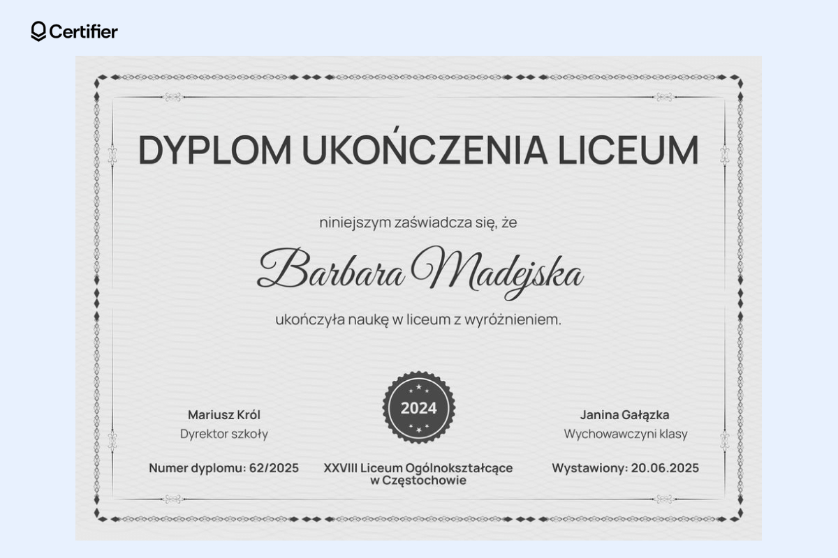 Klasyczny, czarno-biały dyplom wzór do pobrania Word z eleganckimi ozdobami i numerem dokumentu. Klasyczny, czarno-biały dyplom wzór do pobrania Word z eleganckimi ozdobami i numerem dokumentu.