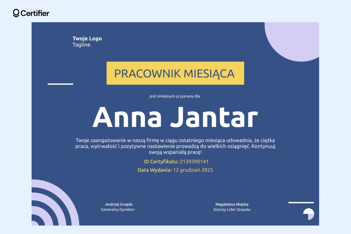 Nowoczesny projekt certyfikat szablon Word z wyrazistą typografią i kontrastującymi kolorami; możesz go dostosować jako jeden z wzorów dyplomów Word dla nagród firmowych. Nowoczesny projekt certyfikat szablon Word z wyrazistą typografią i kontrastującymi kolorami; możesz go dostosować jako jeden z wzorów dyplomów Word dla nagród firmowych.