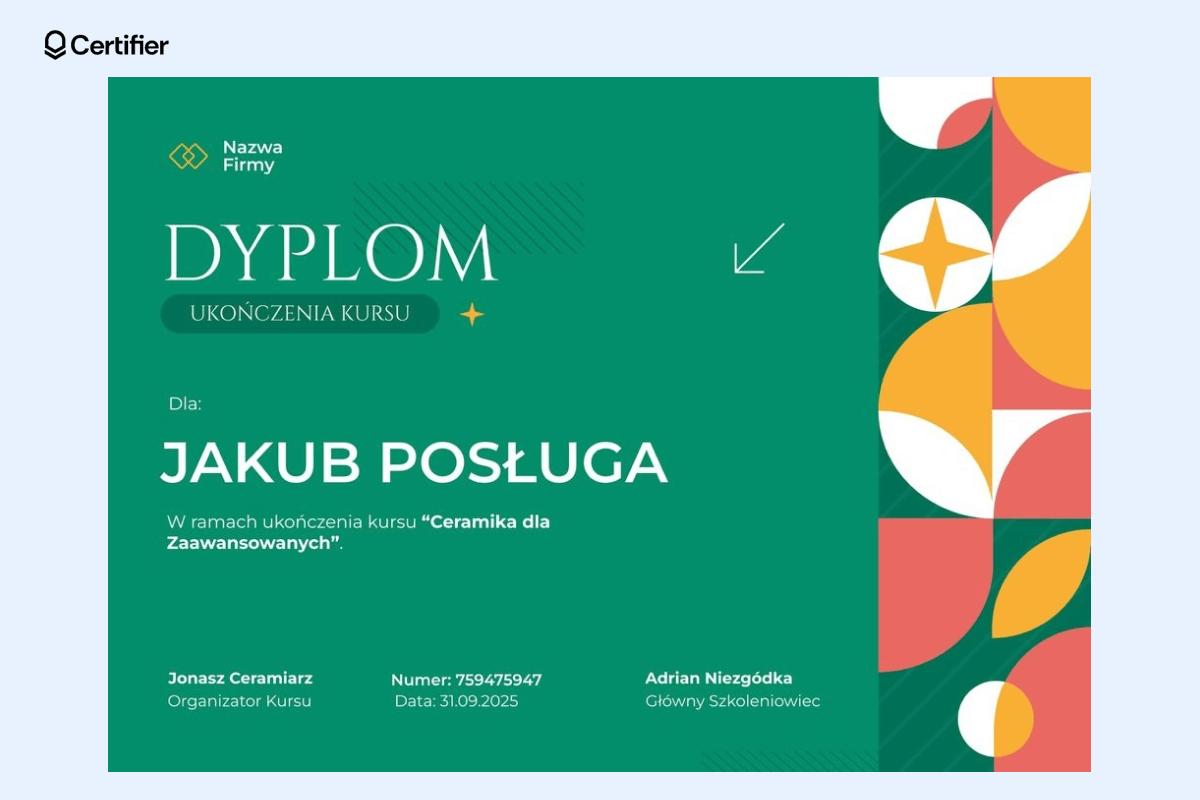 Nowoczesny projekt z geometrycznym wzorem i zielono-pomarańczową kolorystyką; ten dyplom szablon word zawiera miejsce na imię, nazwisko i podpisy organizatorów. Nowoczesny projekt z geometrycznym wzorem i zielono-pomarańczową kolorystyką; ten dyplom szablon word zawiera miejsce na imię, nazwisko i podpisy organizatorów.