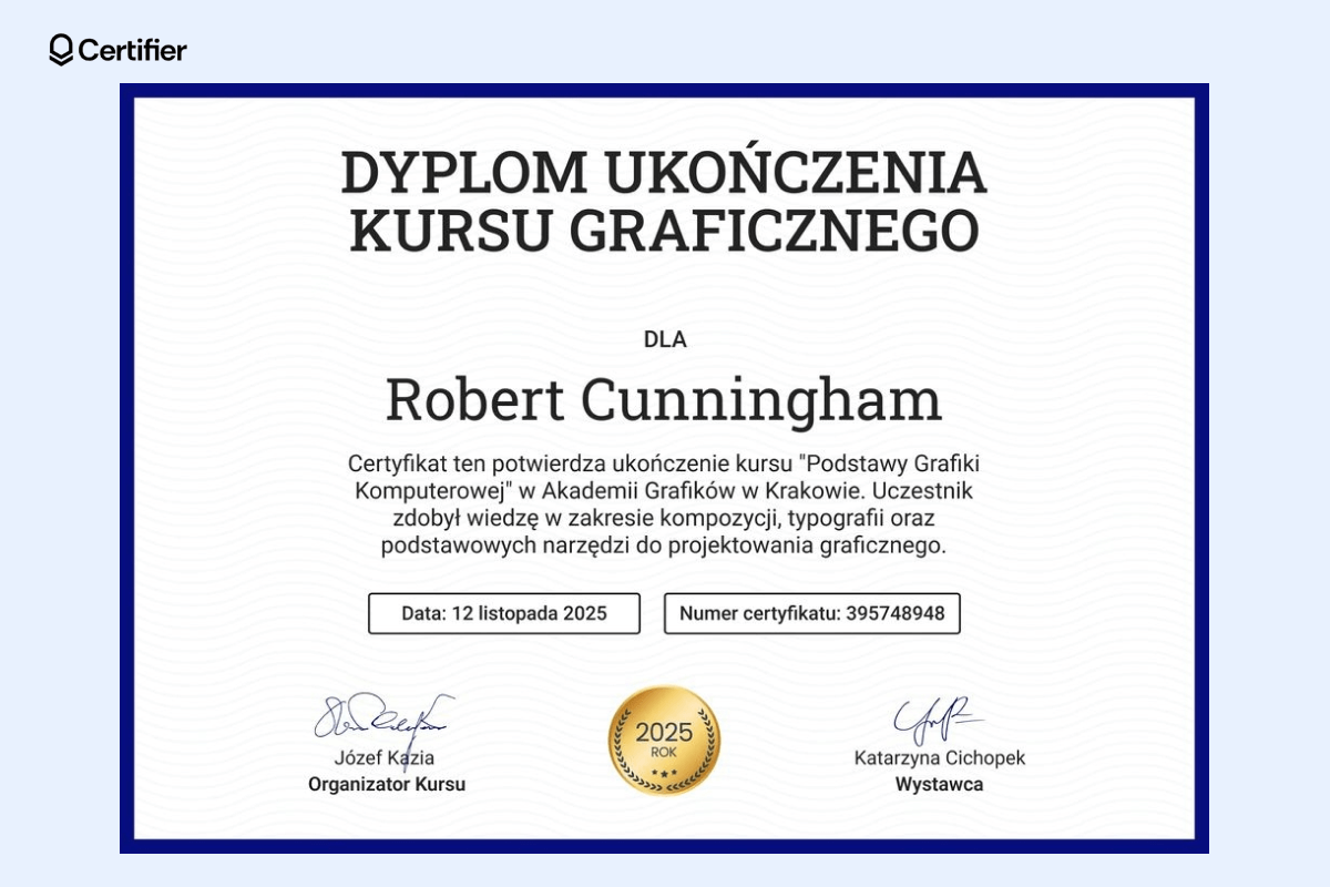 Elegancki dyplom w wordzie z czytelnym układem, granatową ramką i subtelnym wzorem w tle, który zawiera miejsce na dane uczestnika, podpisy i datę. Elegancki dyplom w wordzie z czytelnym układem, granatową ramką i subtelnym wzorem w tle, który zawiera miejsce na dane uczestnika, podpisy i datę.