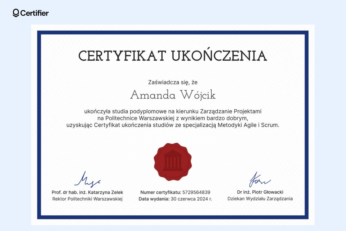 Minimalistyczny certyfikat wzór Word z klasyczną ramką, miejscem na podpisy i oficjalnymi danymi uczelni, który można wykorzystać jako certyfikat szablon Word do edycji. Minimalistyczny certyfikat wzór Word z klasyczną ramką, miejscem na podpisy i oficjalnymi danymi uczelni, który można wykorzystać jako certyfikat szablon Word do edycji.
