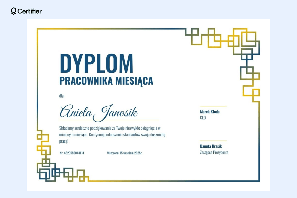 Nowoczesny dyplom szablon Word z geometrycznym wzorem i miejscem na nazwisko nagrodzonego; jeden z wzorów dyplomów do pobrania Word do wyróżniania pracowników. Nowoczesny dyplom szablon Word z geometrycznym wzorem i miejscem na nazwisko nagrodzonego; jeden z wzorów dyplomów do pobrania Word do wyróżniania pracowników.