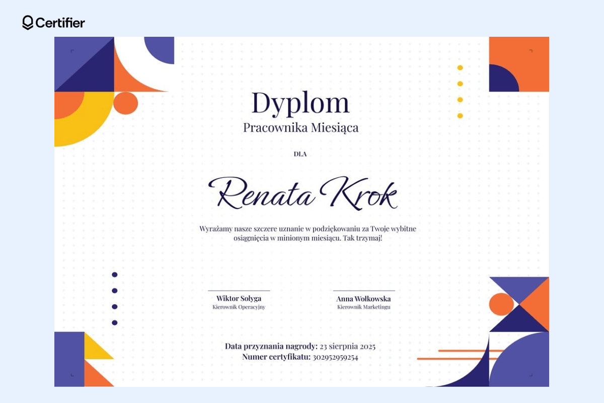 Dynamiczny dyplom Word z kolorowymi akcentami, miejscem na podpisy i datę; świetny przykład darmowe dyplomy do edycji Word dla firm. Dynamiczny dyplom Word z kolorowymi akcentami, miejscem na podpisy i datę; świetny przykład darmowe dyplomy do edycji Word dla firm.
