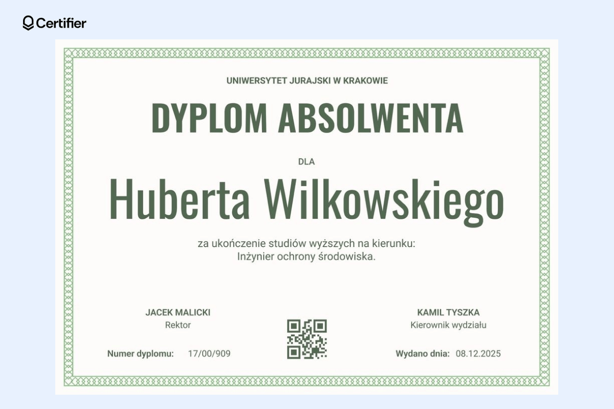 Zielony, klasyczny dyplom wzór Word z miejscem na numer dyplomu i podpisy rektora; jeden z najlepszych darmowe dyplomy do edycji Word dla uczelni. Zielony, klasyczny dyplom wzór Word z miejscem na numer dyplomu i podpisy rektora; jeden z najlepszych darmowe dyplomy do edycji Word dla uczelni.