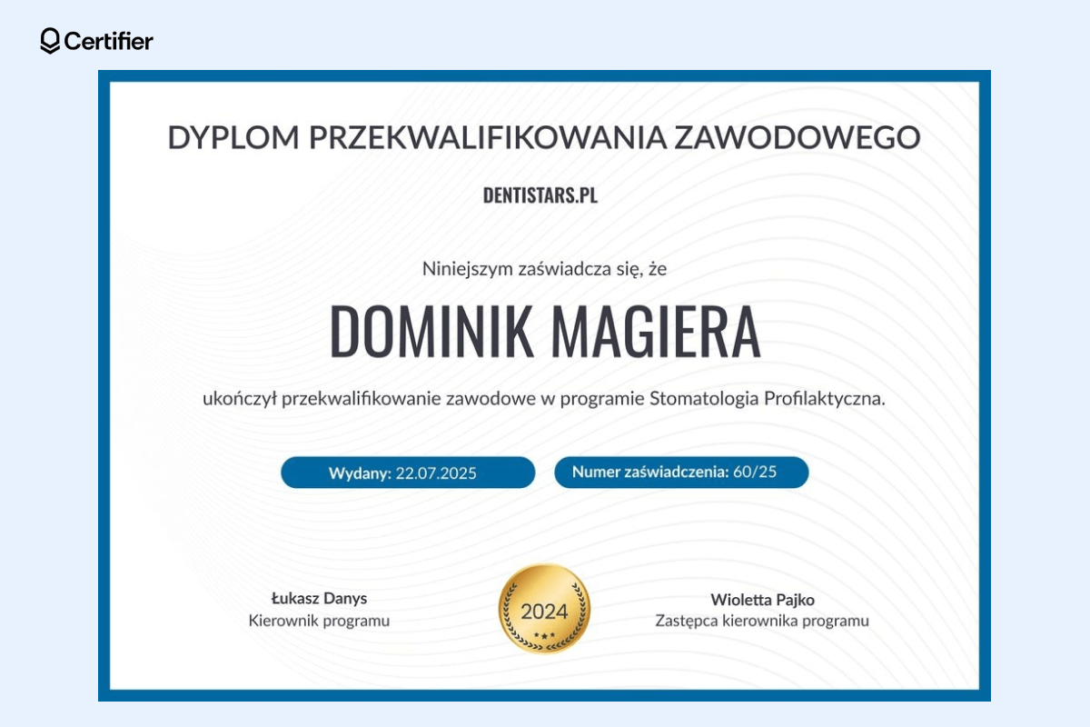 Elegancki dyplom w Wordzie z niebieską ramką i miejscem na dane absolwenta z sekcjami na datę i numer zaświadczenia. Elegancki dyplom w Wordzie z niebieską ramką i miejscem na dane absolwenta z sekcjami na datę i numer zaświadczenia.