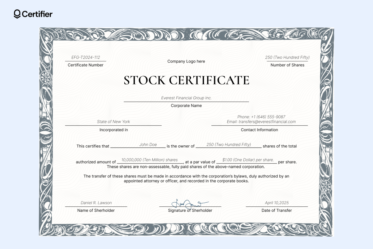 A professional stock certificate template with an ornate border, displaying shareholder details, number of shares and corporate information, making it a great stock certificate example for businesses. A professional stock certificate template with an ornate border, displaying shareholder details, number of shares and corporate information, making it a great stock certificate example for businesses.