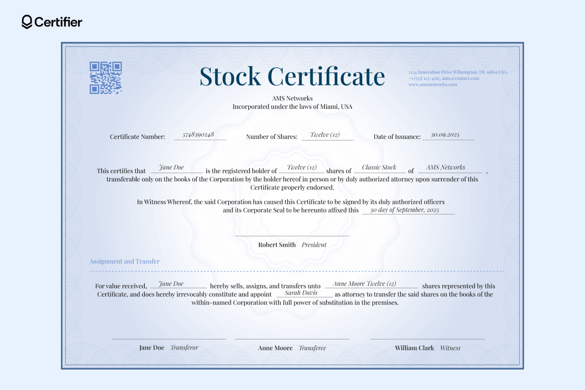 A detailed stock certificate template with a classic stock design, owner transfer section and authorized signatures, perfect for a shareholder certificate template. A detailed stock certificate template with a classic stock design, owner transfer section and authorized signatures, perfect for a shareholder certificate template.