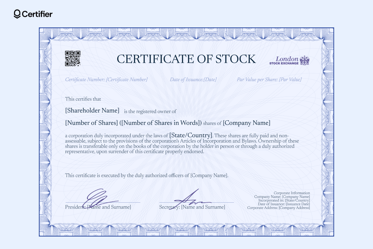 A formal corporate stock certificate template with a purple patterned border, showcasing ownership details and legal text. A formal corporate stock certificate template with a purple patterned border, showcasing ownership details and legal text.
