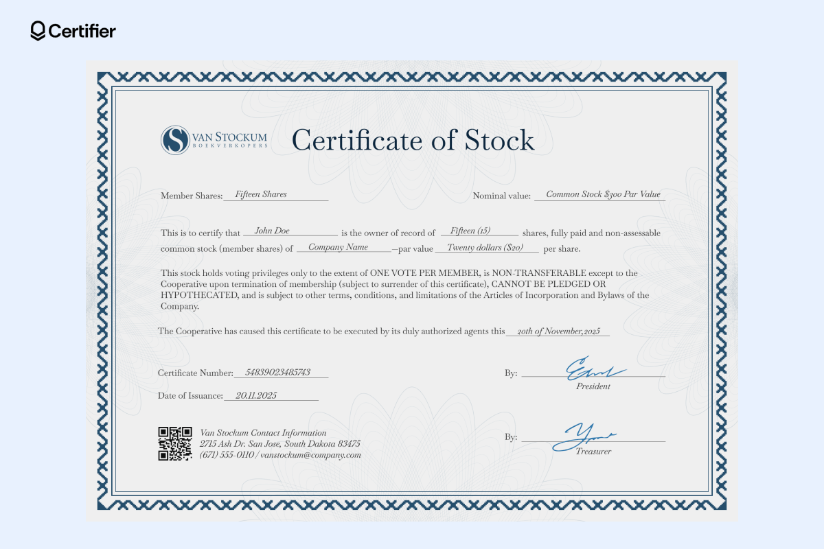 A stock certificate sample with a structured layout, including a QR code for verification, ideal for use as a printable stock certificate template. A stock certificate sample with a structured layout, including a QR code for verification, ideal for use as a printable stock certificate template.