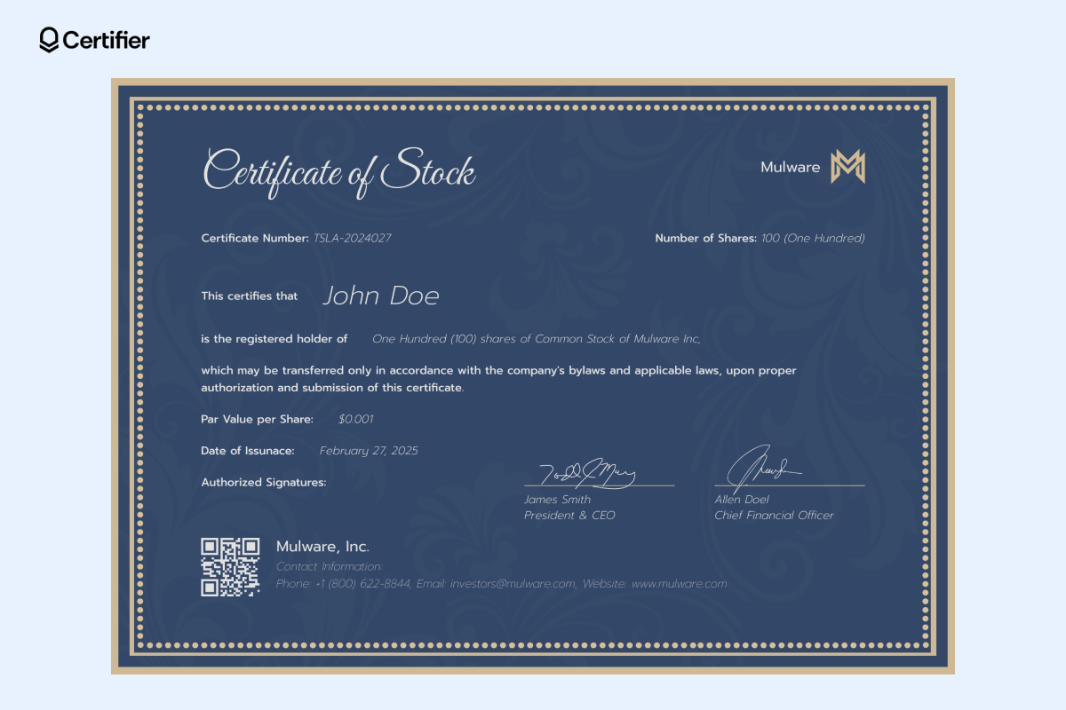 A dark-themed, gold-accented stock certificate template free, listing shareholder ownership, par value per share and executive signatures. A dark-themed, gold-accented stock certificate template free, listing shareholder ownership, par value per share and executive signatures.