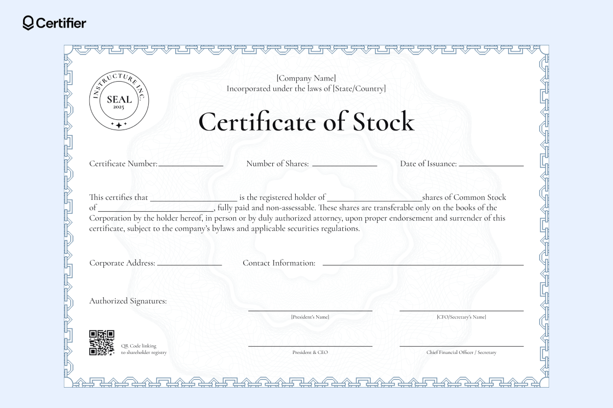 A clean and professional stock certificate template with a simple border, featuring placeholders for company name, shareholder details and issuance date. A clean and professional stock certificate template with a simple border, featuring placeholders for company name, shareholder details and issuance date.