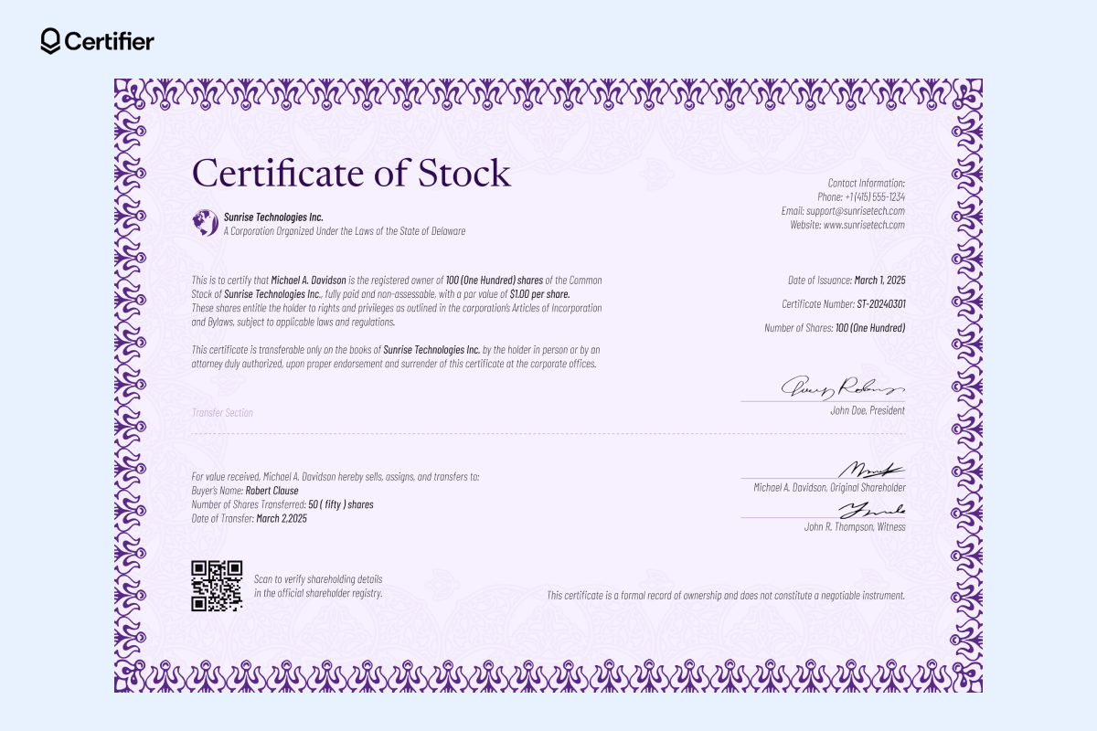 A purple-themed certificate, confirming ownership of 100 shares and including a QR code for verification, designed as a stock certificate template free. A purple-themed certificate, confirming ownership of 100 shares and including a QR code for verification, designed as a stock certificate template free.