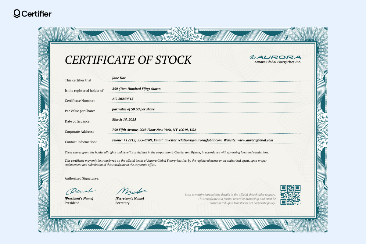A green-bordered corporate stock certificate template, providing shareholder details and legal disclaimers. A green-bordered corporate stock certificate template, providing shareholder details and legal disclaimers.