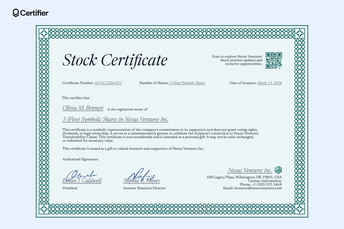 A green-toned stock certificate template, issued as a symbolic gift to investors, making it a printable stock certificate template. A green-toned stock certificate template, issued as a symbolic gift to investors, making it a printable stock certificate template.