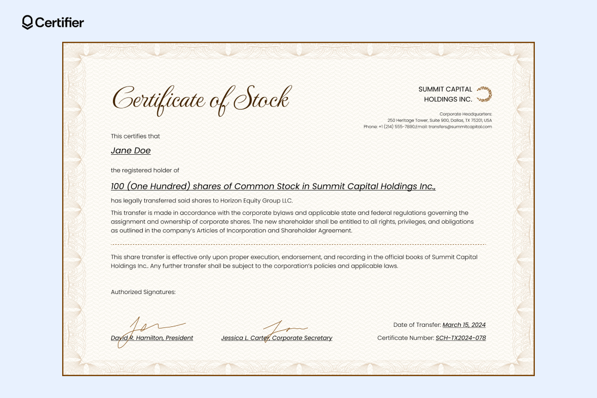 A beige-themed stock certificate template, confirming a 100-share transfer, ideal as an LLC membership certificate template. A beige-themed stock certificate template, confirming a 100-share transfer, ideal as an LLC membership certificate template.