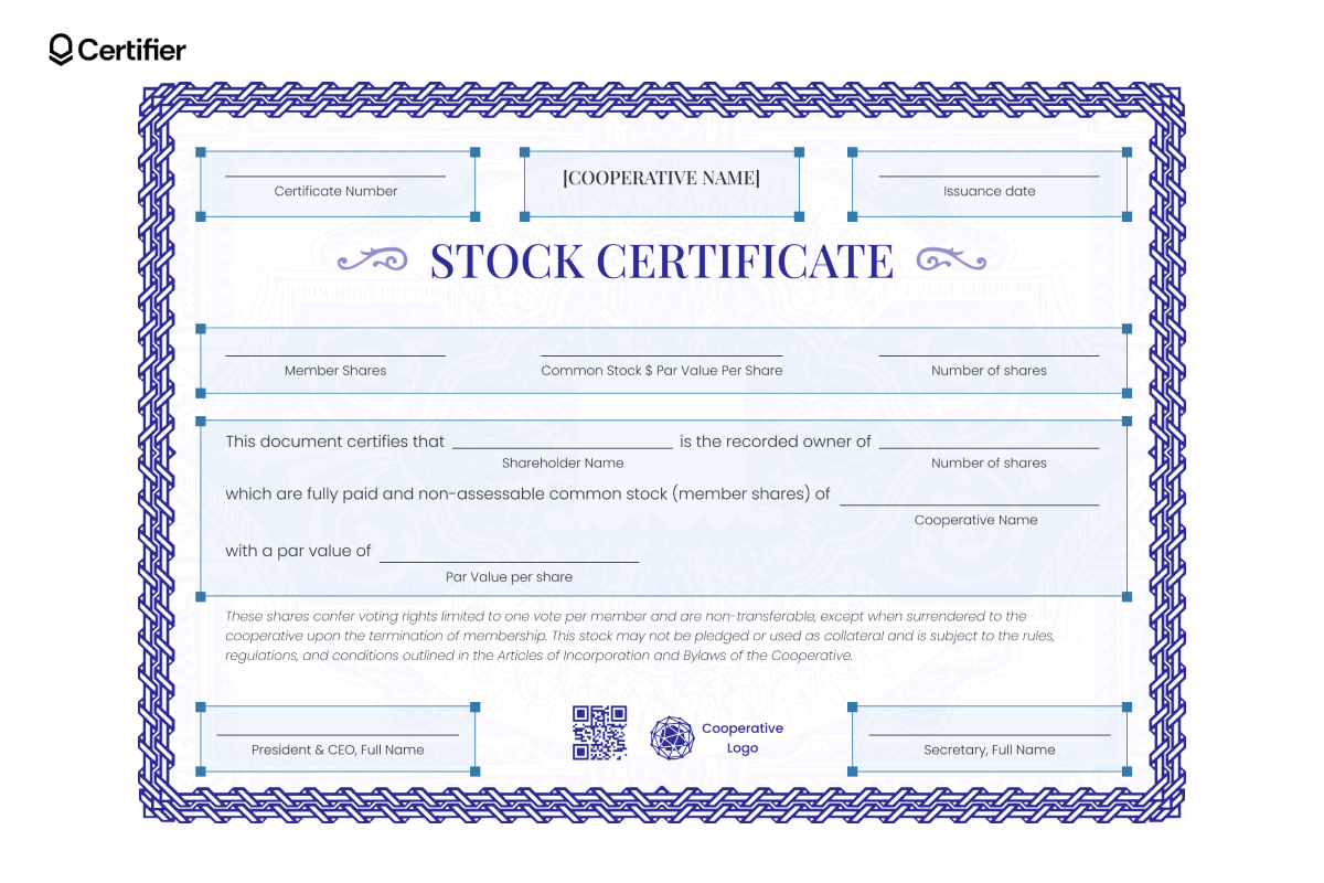 A cooperative stock certificate template with an intricate blue border, customizable for member shares and company details, ideal as a stock certificate template PDF. A cooperative stock certificate template with an intricate blue border, customizable for member shares and company details, ideal as a stock certificate template PDF.