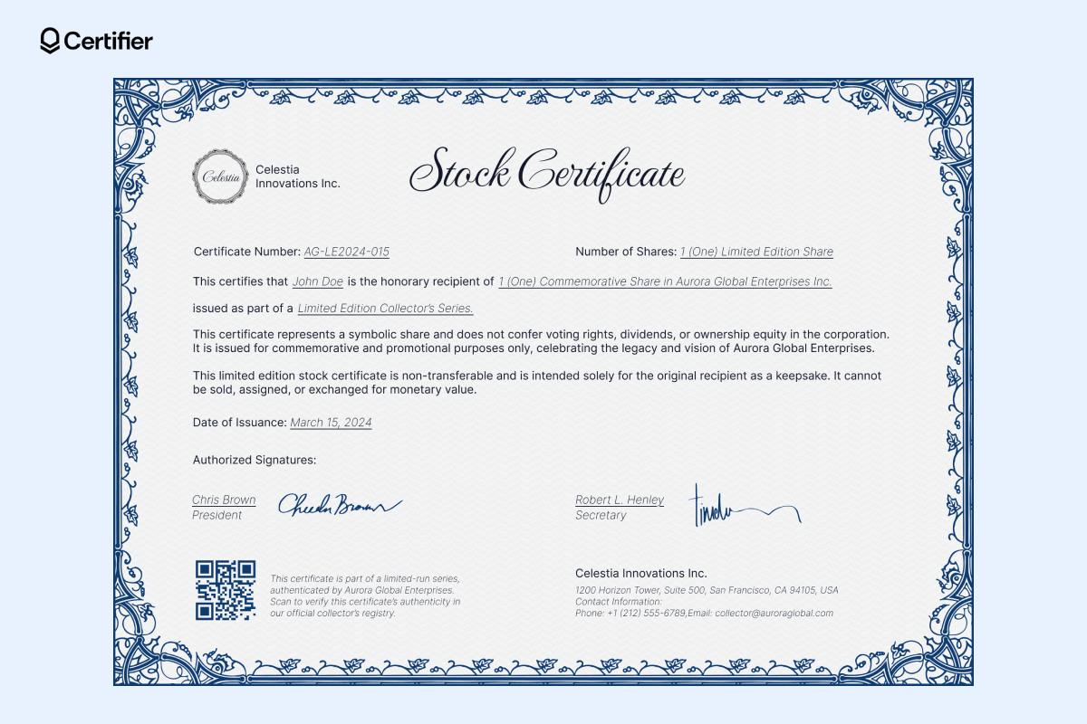 A decorative stock certificate template, issued as a commemorative and non-transferable share, making it a free stock certificate template. A decorative stock certificate template, issued as a commemorative and non-transferable share, making it a free stock certificate template.