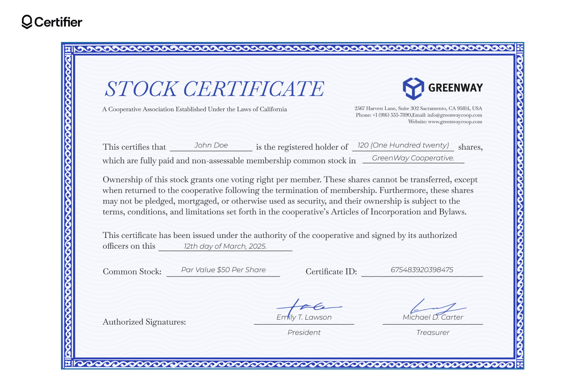 A formal stock certificate template, listing ownership details and a non-transferable clause, suitable as a sample stock certificate or corporate stock certificate template. A formal stock certificate template, listing ownership details and a non-transferable clause, suitable as a sample stock certificate or corporate stock certificate template.