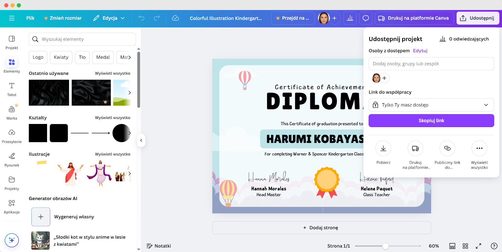 Dyplom w Canvie - zapisywanie i pobieranie projektu. Dyplom w Canvie - zapisywanie i pobieranie projektu.