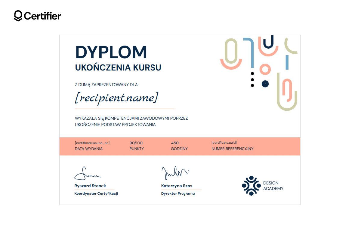 Alternatywa dla dyplomy w Canvie - przykład gotowego szablonu do personalizacji od Certifier. Alternatywa dla dyplomy w Canvie - przykład gotowego szablonu do personalizacji od Certifier.