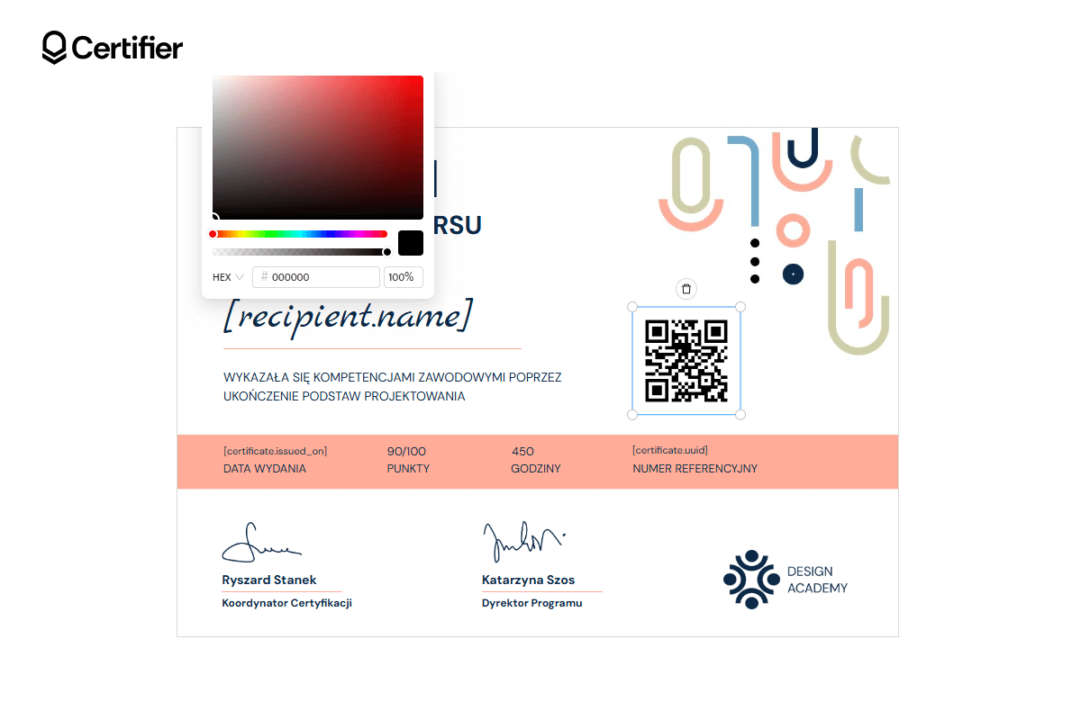 Alternatywa dla dyplom Canva - szablon Certifier i personalizacja elementów takich jak kod QR i jego kolor. Alternatywa dla dyplom Canva - szablon Certifier i personalizacja elementów takich jak kod QR i jego kolor.
