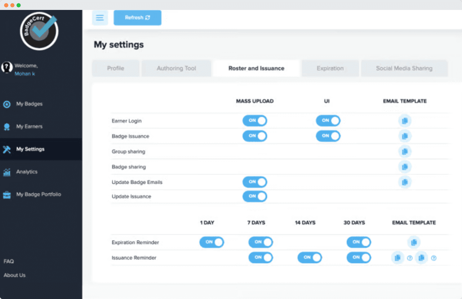 BadgeCert Settings Panel – A settings dashboard from a badging system software, displaying options for mass uploads, badge sharing, expiration reminders and issuance controls. BadgeCert Settings Panel – A settings dashboard from a badging system software, displaying options for mass uploads, badge sharing, expiration reminders and issuance controls.