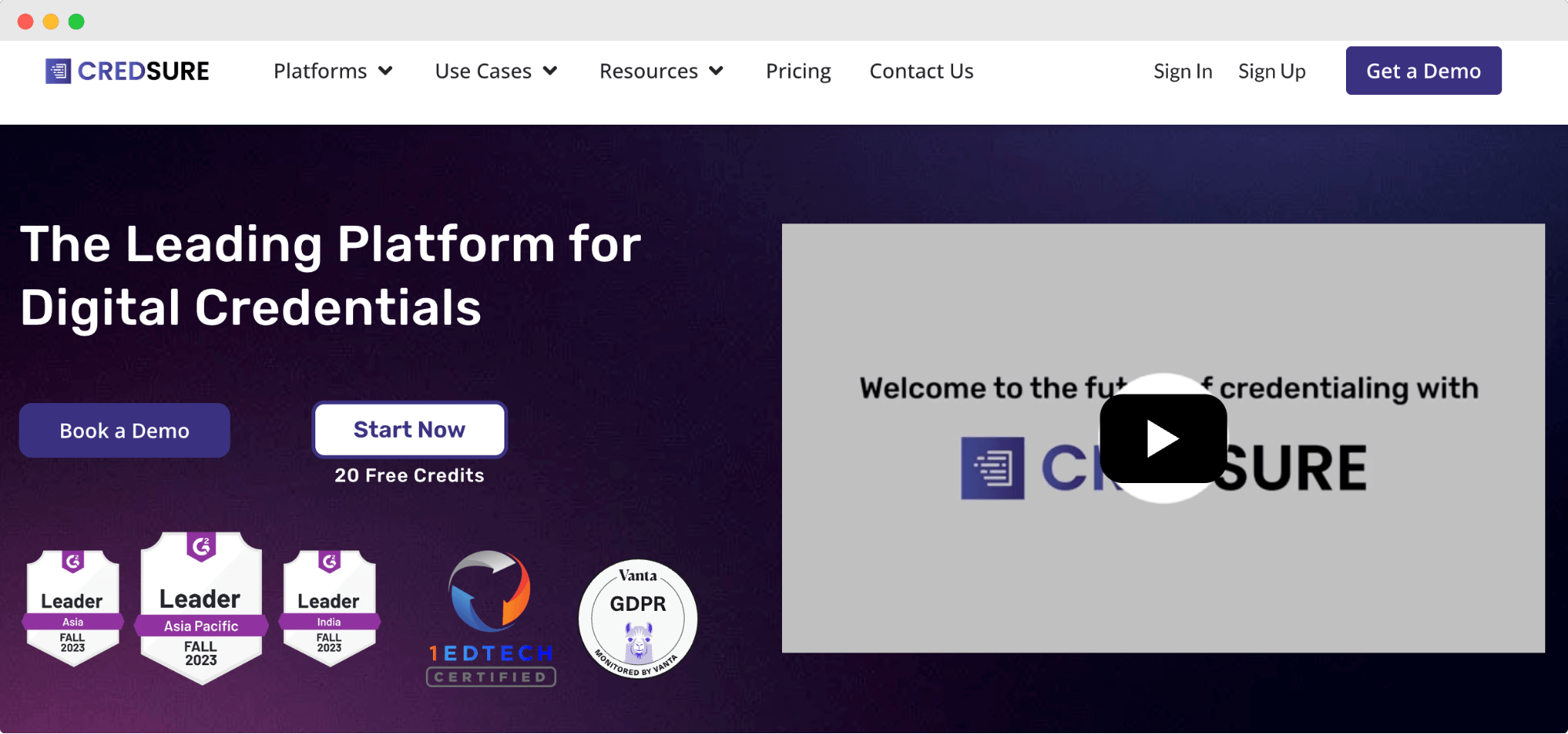 CredSure Homepage – A digital credential platform promoting its leading badging system software with options to book a demo and access free credits. CredSure Homepage – A digital credential platform promoting its leading badging system software with options to book a demo and access free credits.