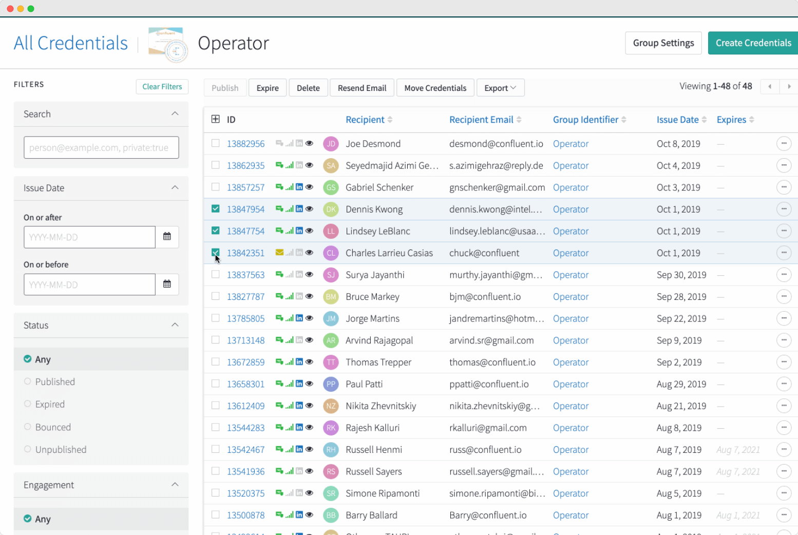 A digital badging platform displaying a list of issued credentials with options to filter, publish and manage digital badges. A digital badging platform displaying a list of issued credentials with options to filter, publish and manage digital badges.