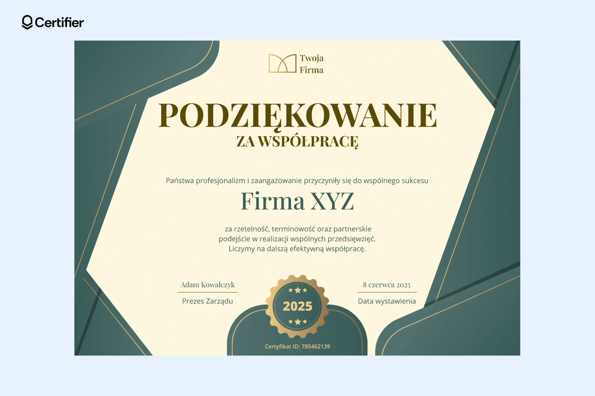 Poważny i dekoracyjny dyplom podziękowania za współpracę z wieloma kształtami. Poważny i dekoracyjny dyplom podziękowania za współpracę z wieloma kształtami.