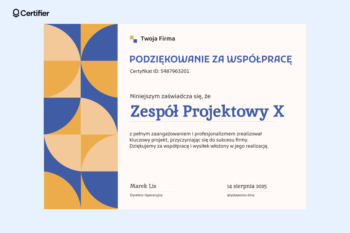 Dyplom podziękowania za współpracę z kolorowym prostokątem i beżowym tłem. Dyplom podziękowania za współpracę z kolorowym prostokątem i beżowym tłem.