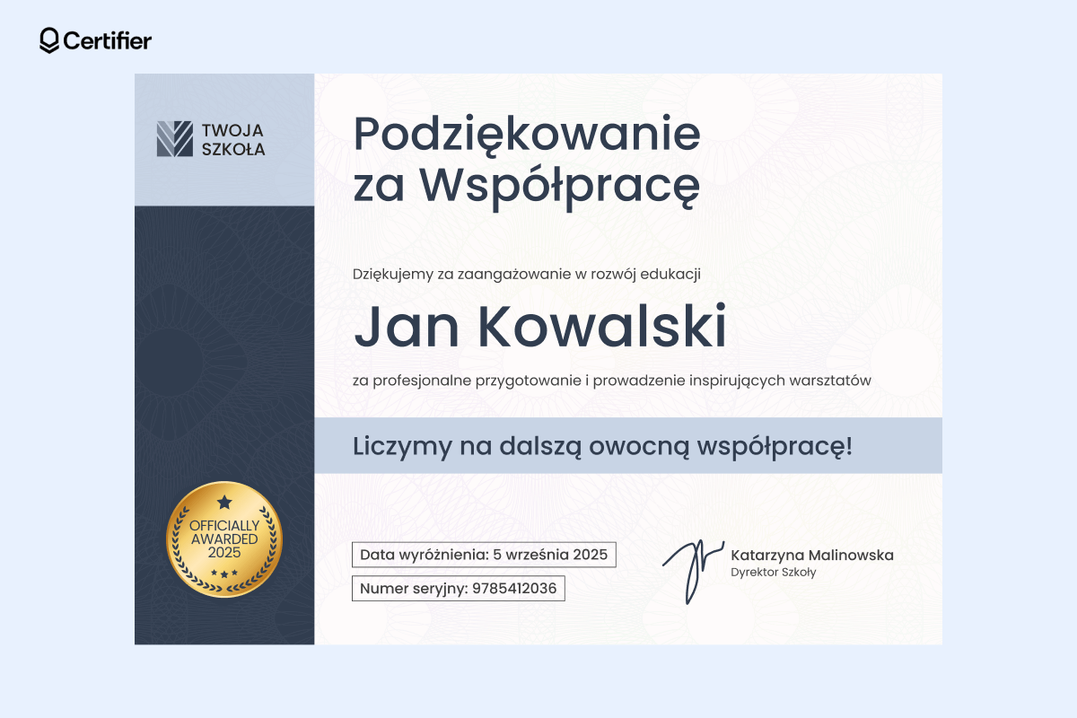Granatowy dyplom podziękowania za współpracę z prostokątem i odznaką. Granatowy dyplom podziękowania za współpracę z prostokątem i odznaką.