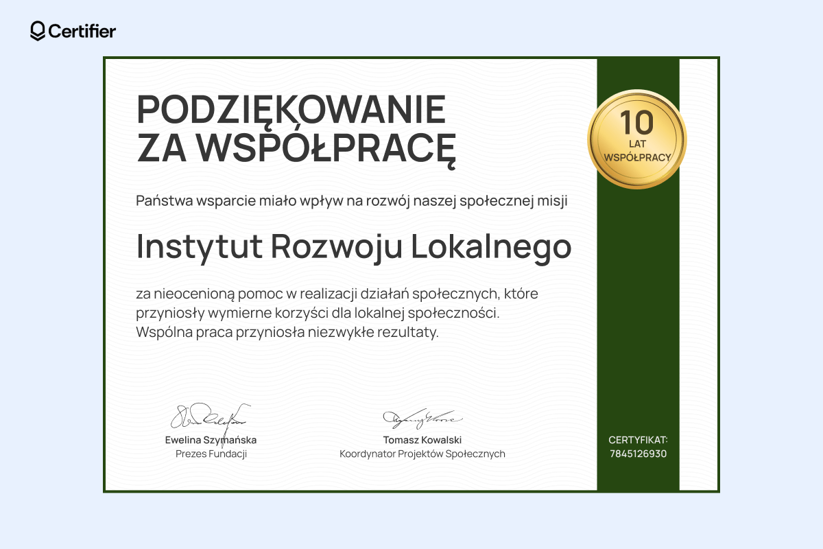 Poważny dyplom podziękowania za współpracę w odcieniach zielonego. Poważny dyplom podziękowania za współpracę w odcieniach zielonego.
