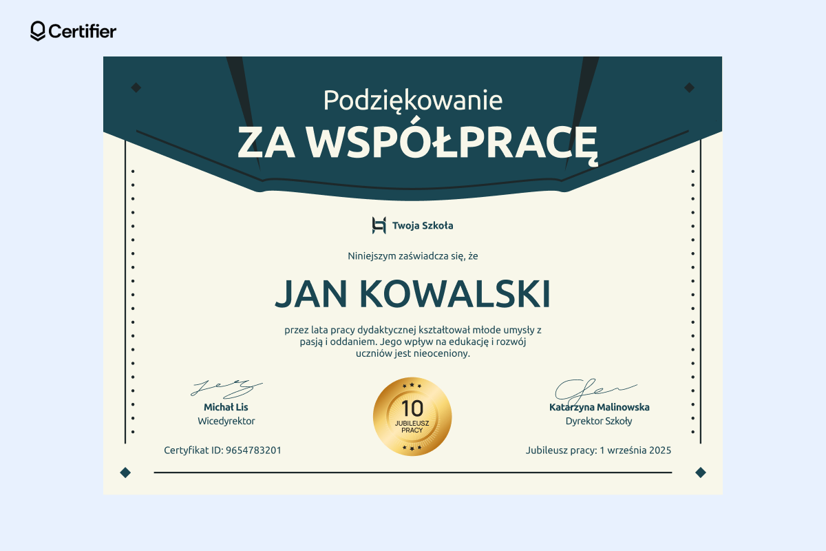 Profesjonalny dyplom podziękowania za współpracę z beżowym tłem i granatowymi kształtami u góry. Profesjonalny dyplom podziękowania za współpracę z beżowym tłem i granatowymi kształtami u góry.