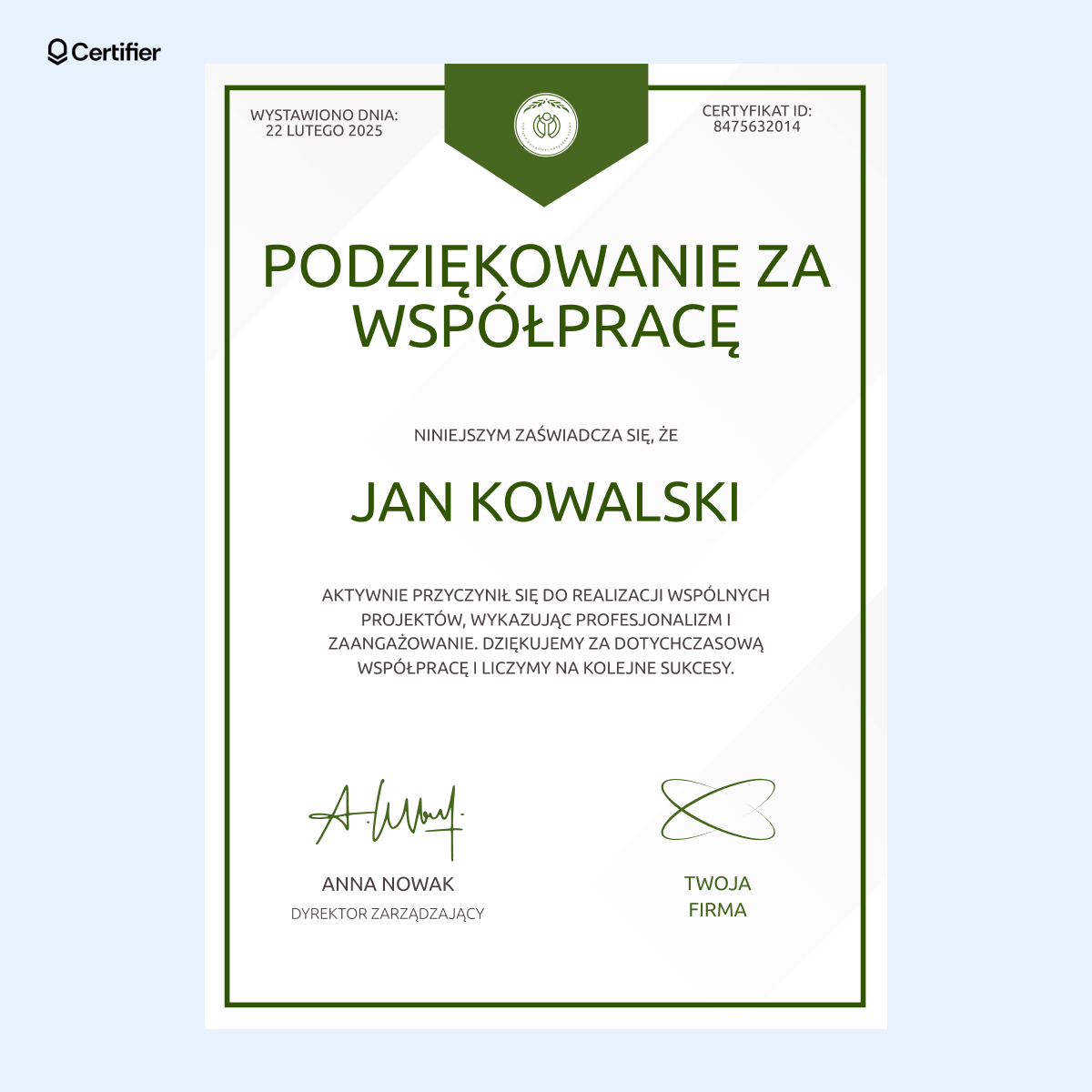 Biało-zielone podziękowania za współpracę z miejscem na logo firmy w dolnym rogu. Biało-zielone podziękowania za współpracę z miejscem na logo firmy w dolnym rogu.