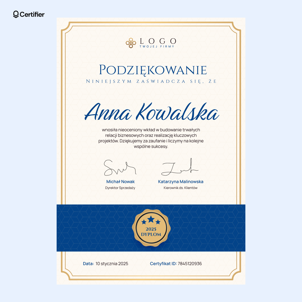 Klasyczny dyplom podziękowania za współpracę z granatowym prostokątem i złotą odznaką. Klasyczny dyplom podziękowania za współpracę z granatowym prostokątem i złotą odznaką.